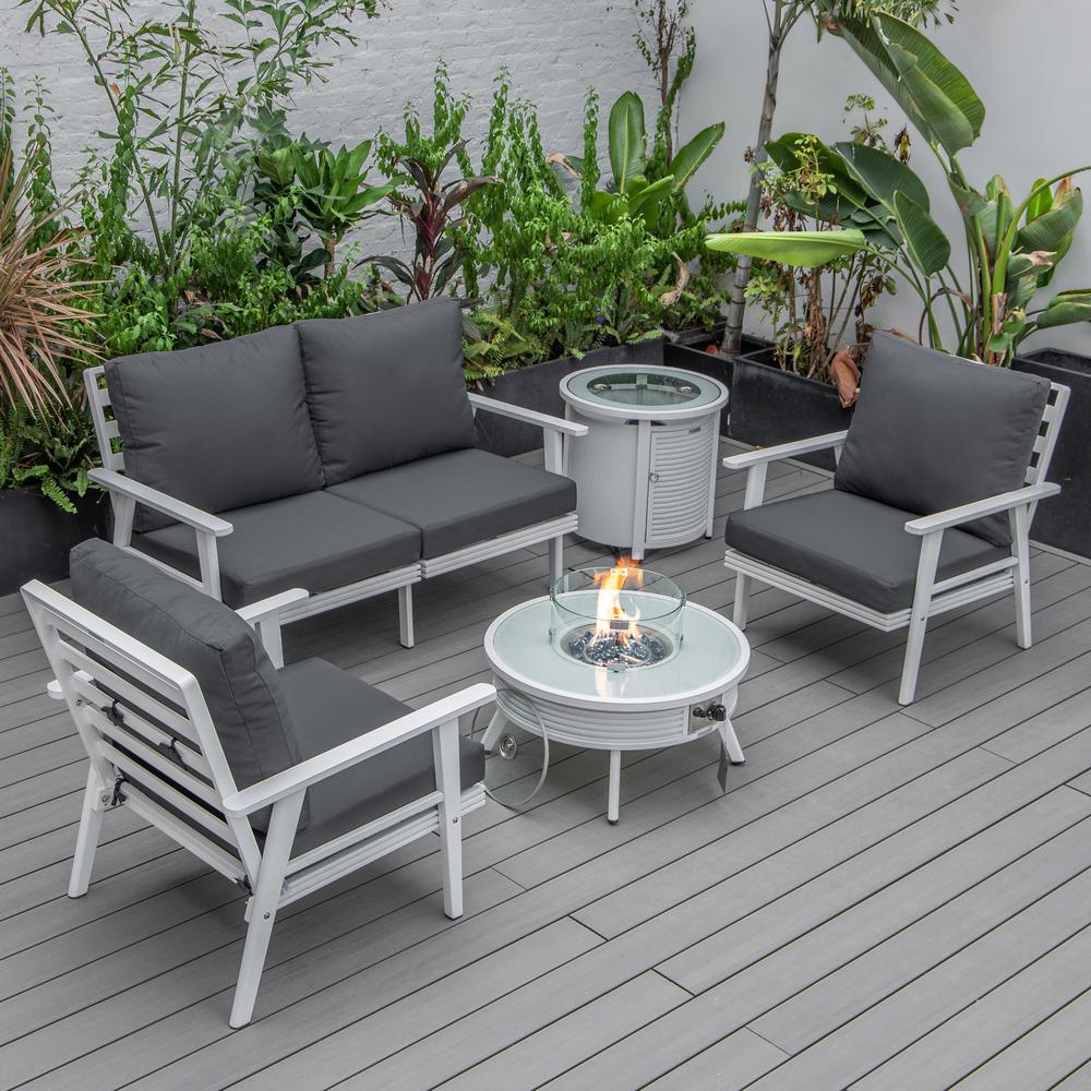LeisureMod Walbrooke Modern White Patio Conversation With Round Fire Pit With Slats Design & Tank Holder, Charcoal. Picture 1