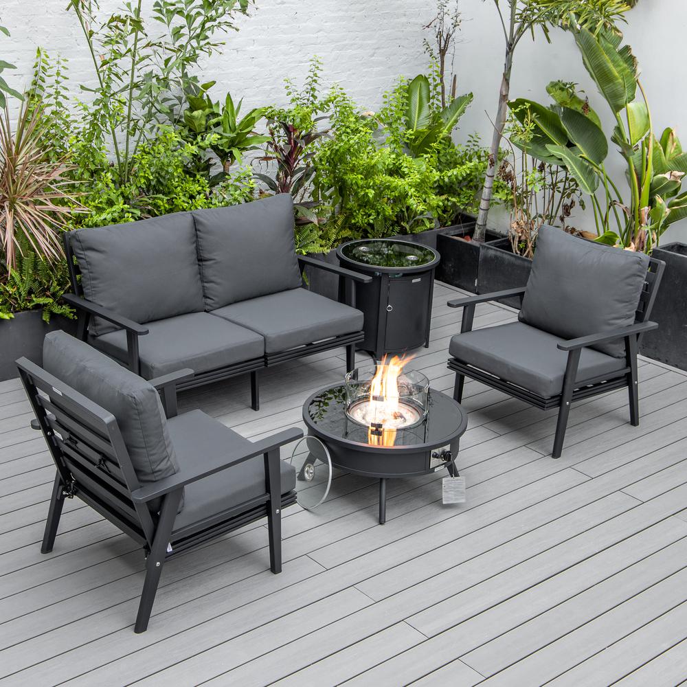 LeisureMod Walbrooke Modern Black Patio Conversation With Round Fire Pit & Tank Holder, Charcoal. Picture 1