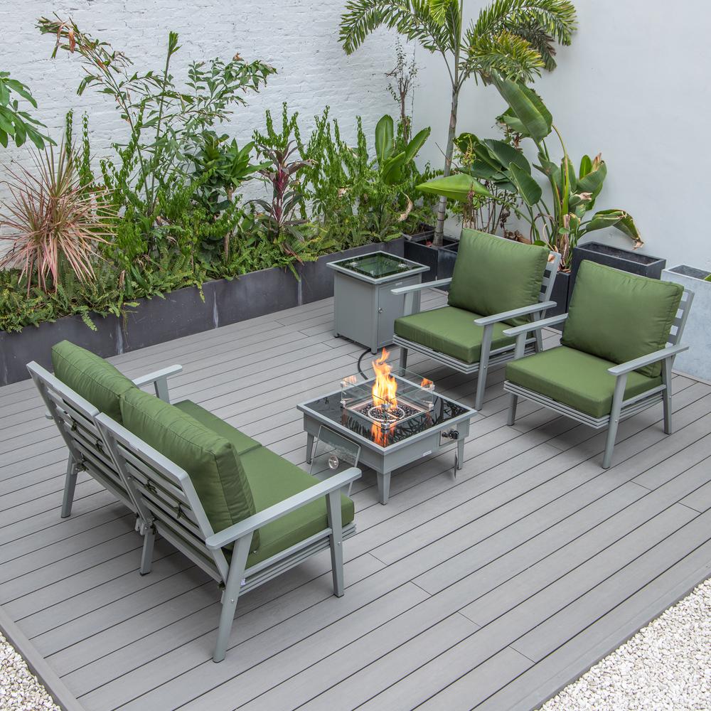 LeisureMod Walbrooke Modern Grey Patio Conversation With Square Fire Pit & Tank Holder, Green. Picture 9
