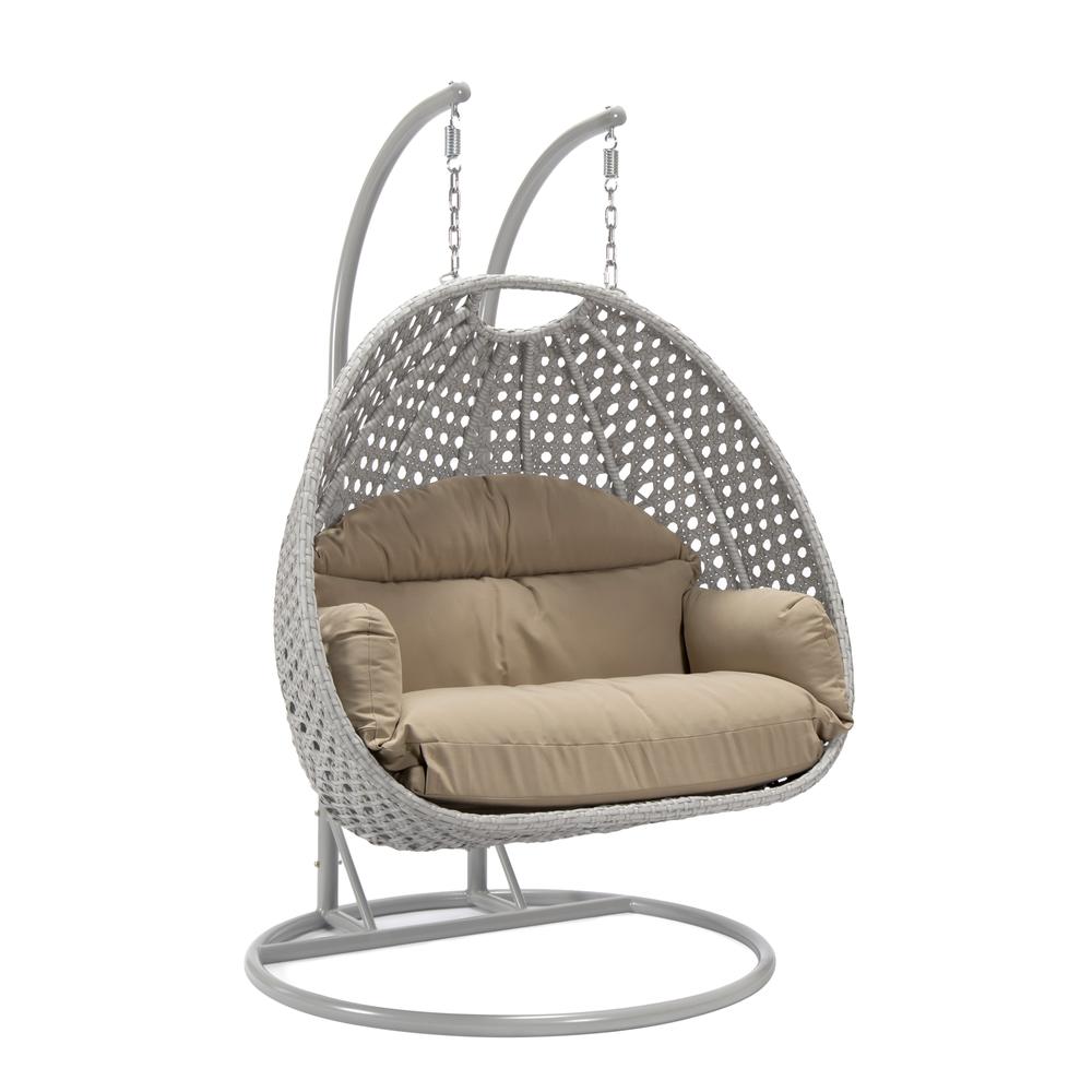 LeisureMod Wicker Hanging 2 person Egg Swing Chair in Taupe. Picture 2