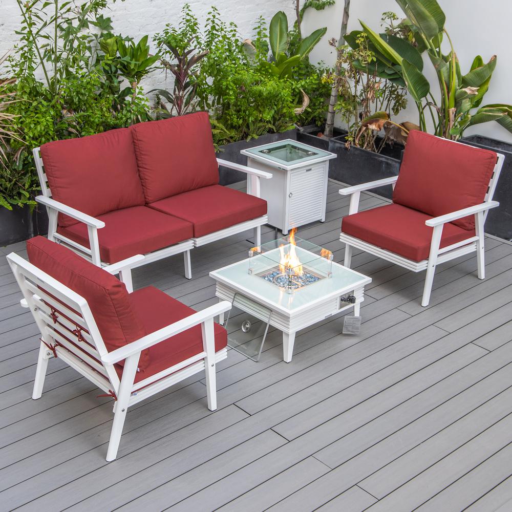 LeisureMod Walbrooke Modern White Patio Conversation With Square Fire Pit With Slats Design & Tank Holder, Red. Picture 1