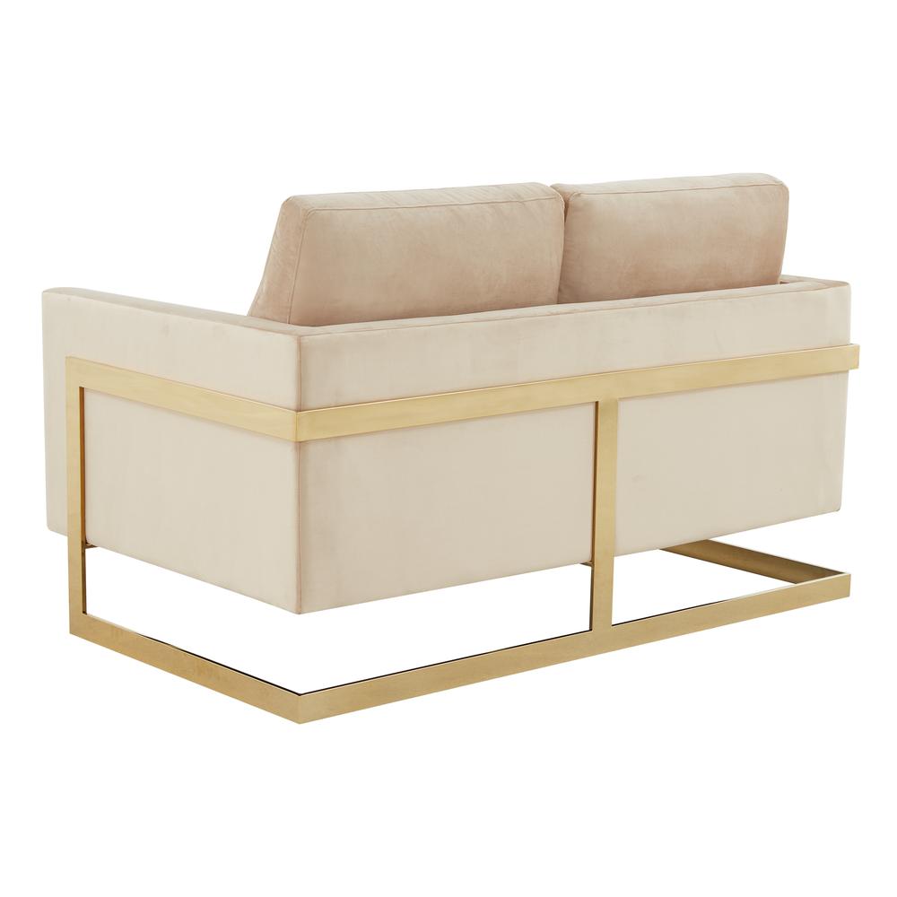 LeisureMod Lincoln Modern Mid-Century Upholstered Velvet Loveseat with Gold Frame, Beige. Picture 6