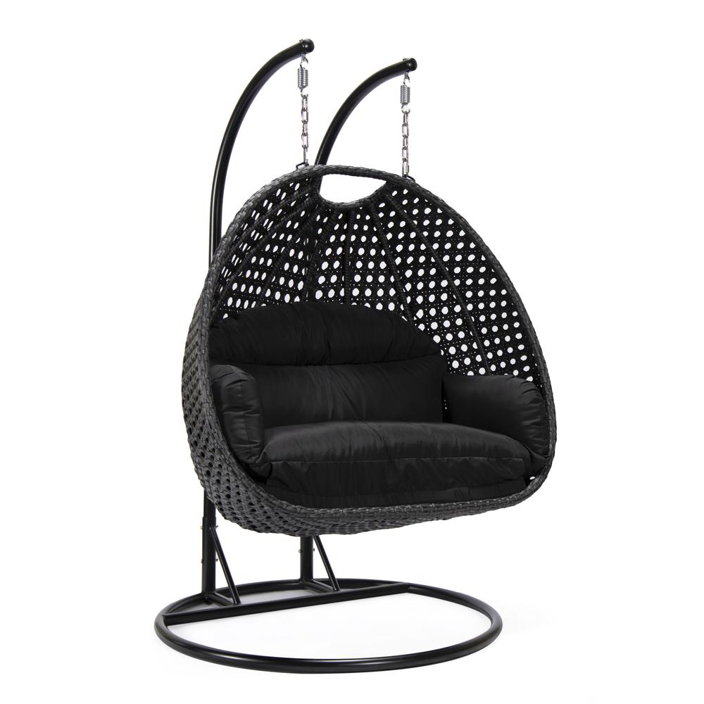 LeisureMod MendozaWicker Hanging 2 person Egg Swing Chair in Black. Picture 1