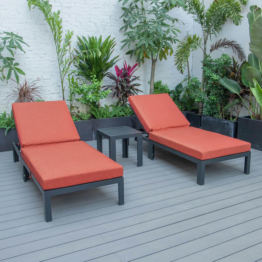 LeisureMod Chelsea Modern Outdoor Chaise Lounge Chair Set of 2 With Side Table & Cushions - Orange. Picture 3