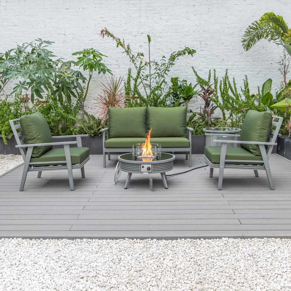 LeisureMod Walbrooke Modern Grey Patio Conversation With Round Fire Pit With Slats Design & Tank Holder, Green. Picture 6