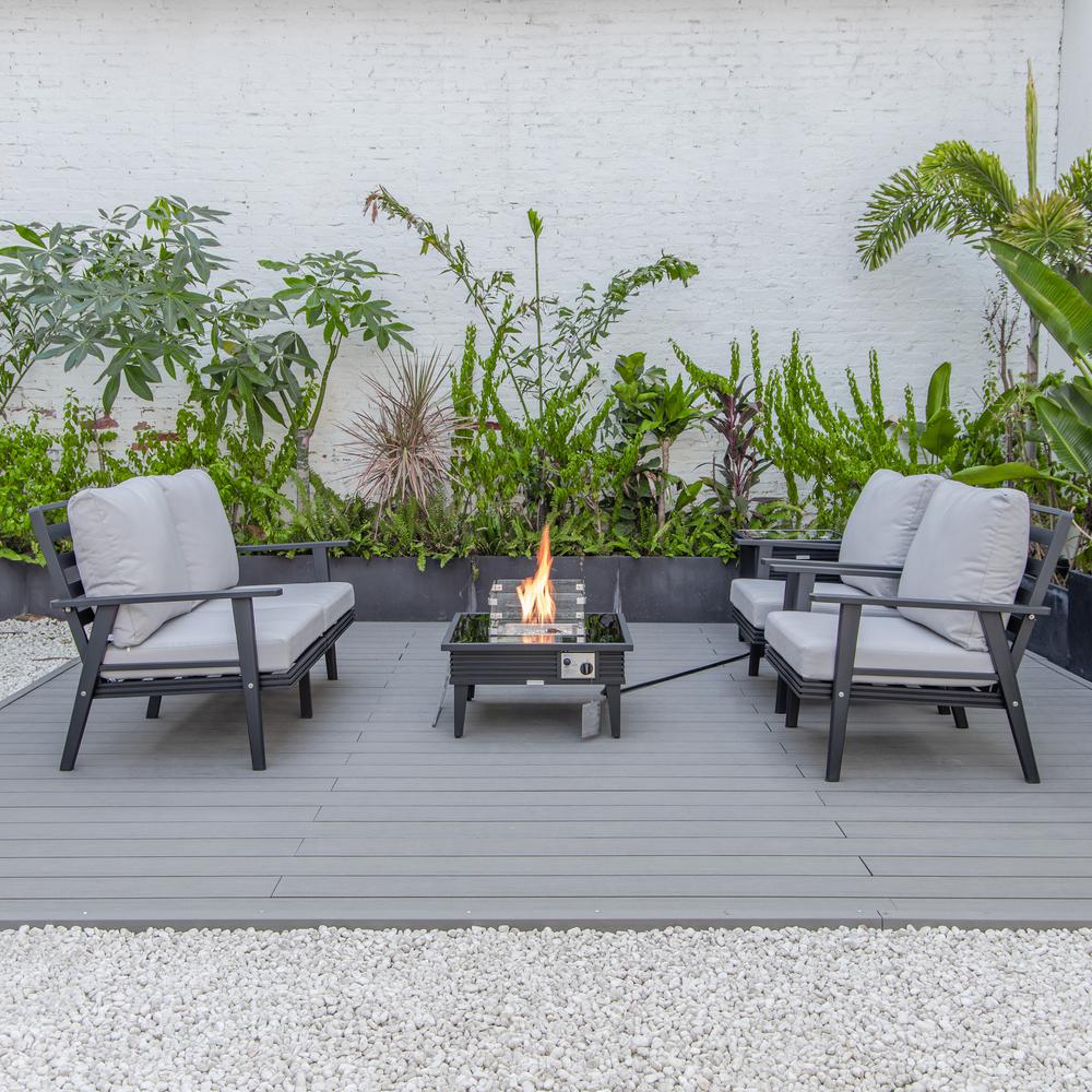 LeisureMod Walbrooke Modern Black Patio Conversation With Square Fire Pit With Slats Design & Tank Holder, Light Grey. Picture 3
