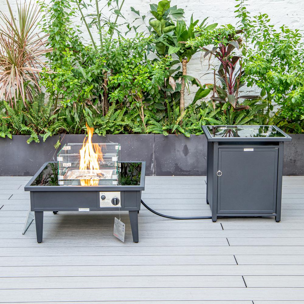 LeisureMod Walbrooke Modern Black Patio Conversation With Square Fire Pit & Tank Holder, Light Grey. Picture 9