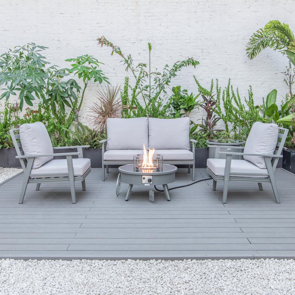 LeisureMod Walbrooke Modern Grey Patio Conversation With Round Fire Pit & Tank Holder, Light Grey. Picture 7
