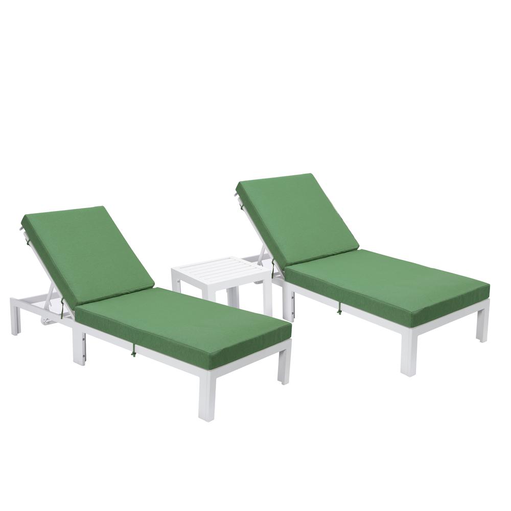 Outdoor White Chaise Lounge Chair Set of 2 With Side Table & Cushions. Picture 1