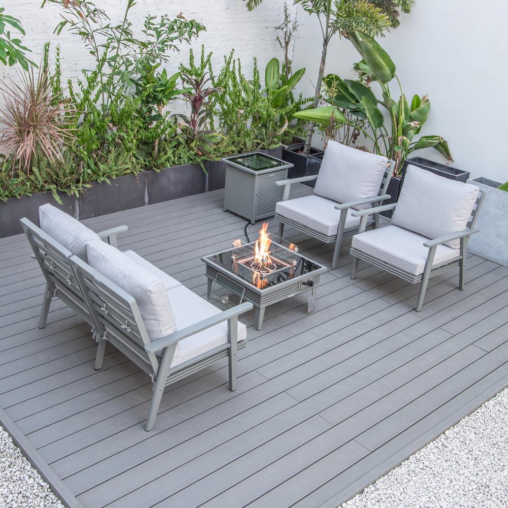 LeisureMod Walbrooke Modern Grey Patio Conversation With Square Fire Pit With Slats Design & Tank Holder, Light Grey. Picture 9