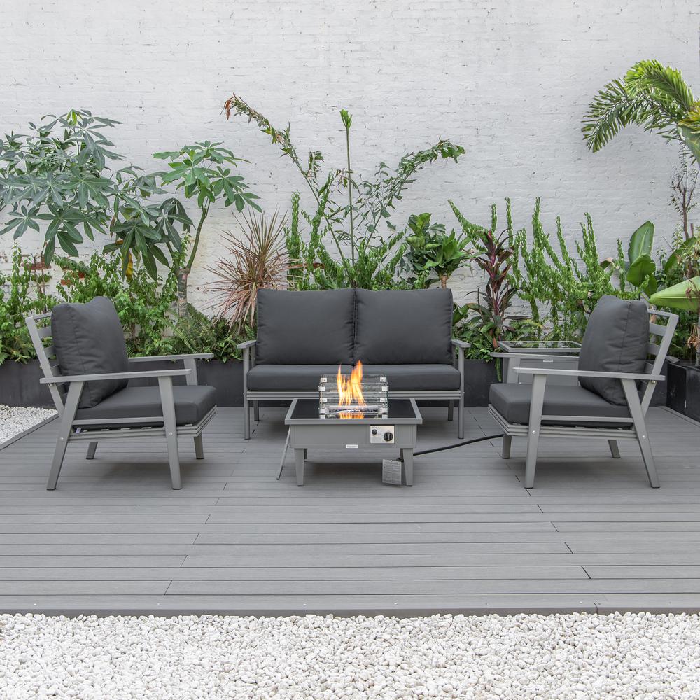 LeisureMod Walbrooke Modern Grey Patio Conversation With Square Fire Pit & Tank Holder, Charcoal. Picture 8