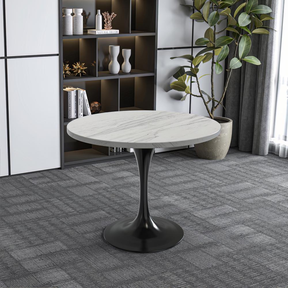 Verve 36" Round Dining Table, Black Base with Laminated White Marbleized Top. Picture 4