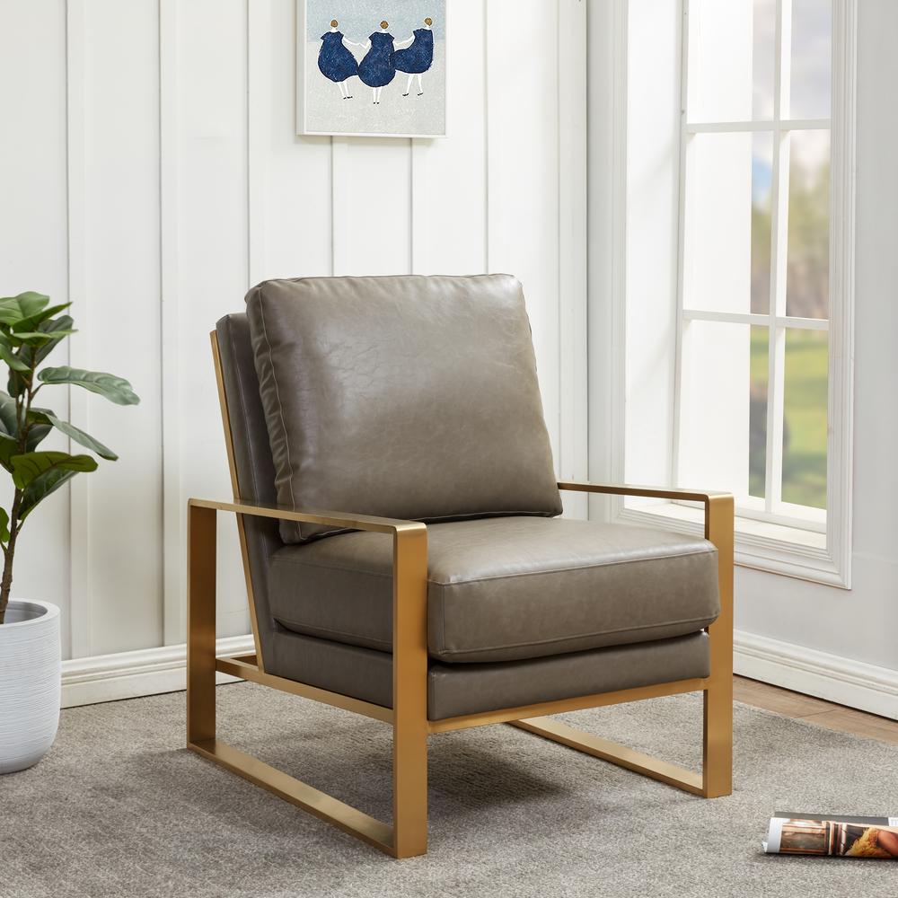 LeisureMod Jefferson Leather Modern Design Accent Armchair With Elegant Gold Frame, Grey. Picture 2
