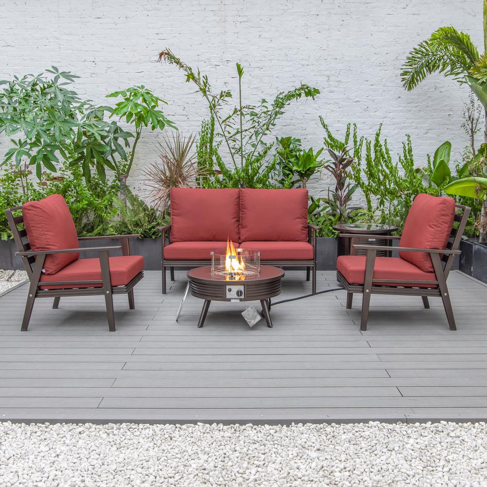 LeisureMod Walbrooke Modern Brown Patio Conversation With Round Fire Pit With Slats Design & Tank Holder, Red. Picture 8