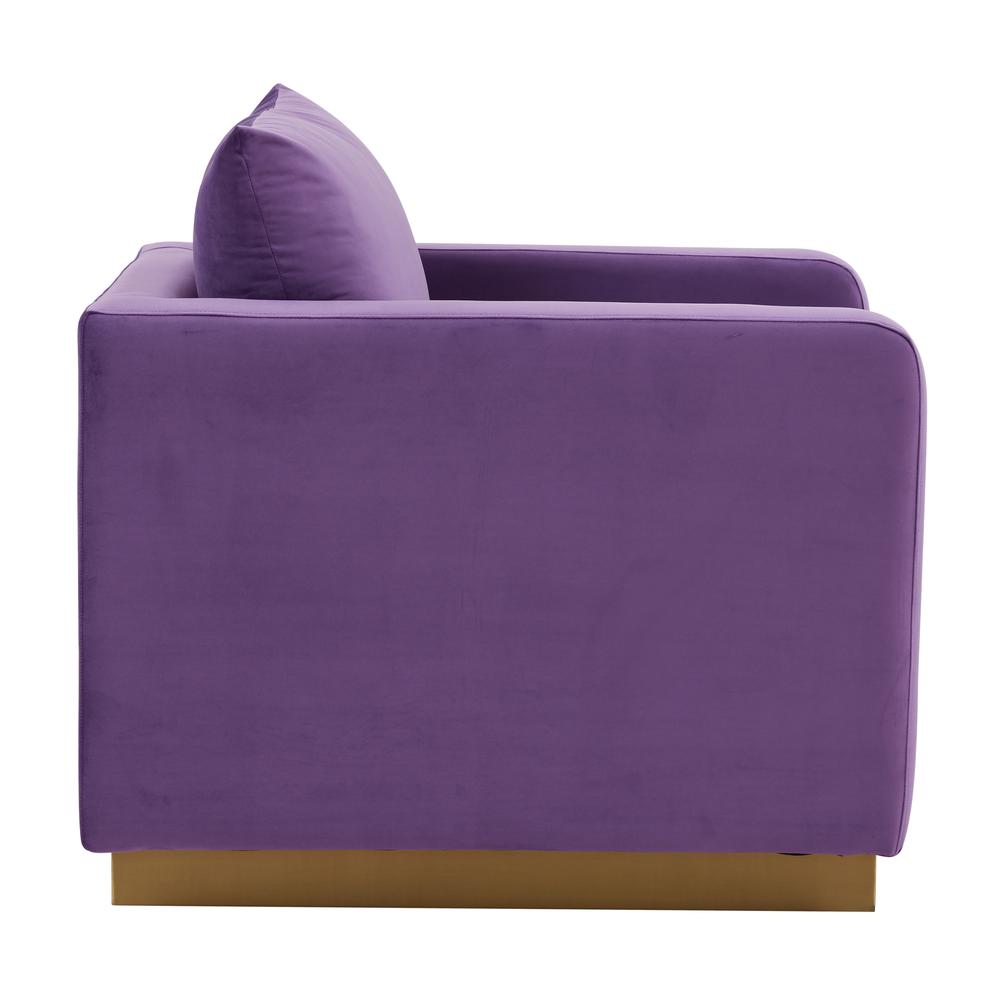 LeisureMod Nervo Velvet Accent Armchair With Gold Frame, Purple. Picture 3