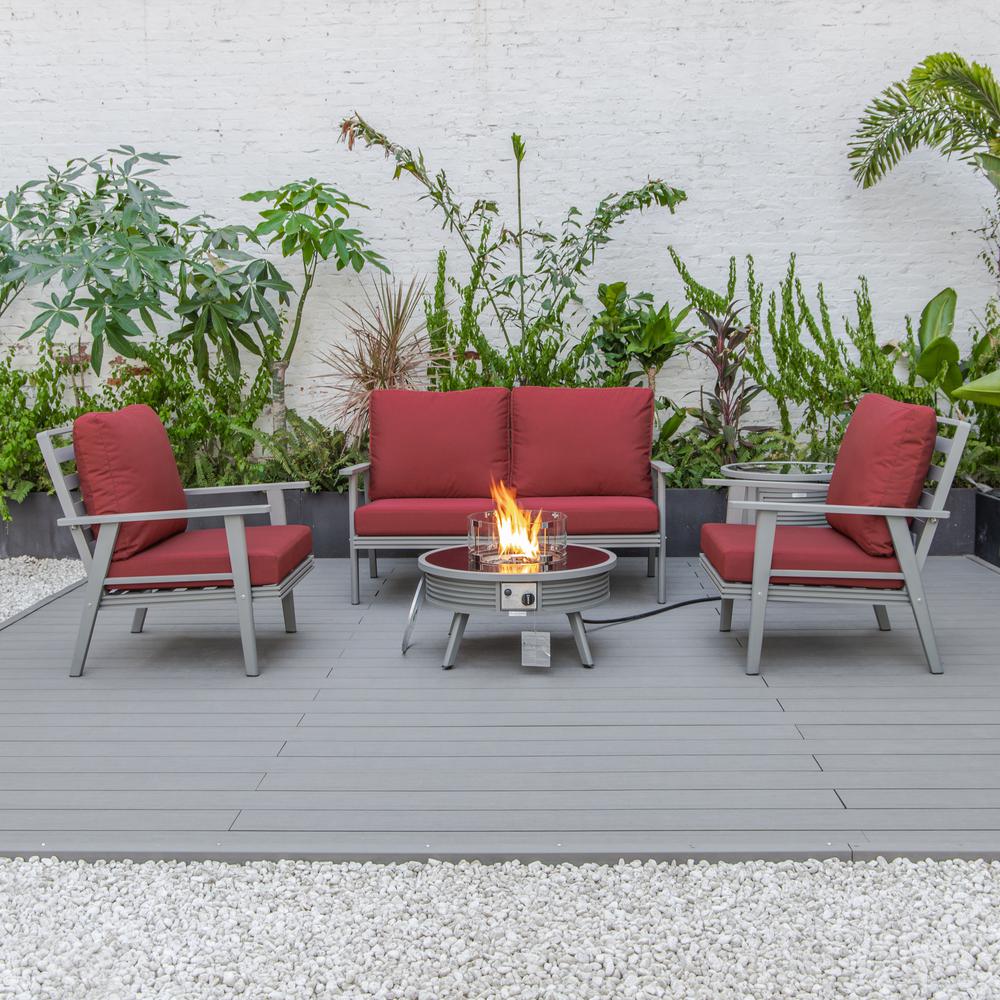 LeisureMod Walbrooke Modern Grey Patio Conversation With Round Fire Pit With Slats Design & Tank Holder, Red. Picture 5