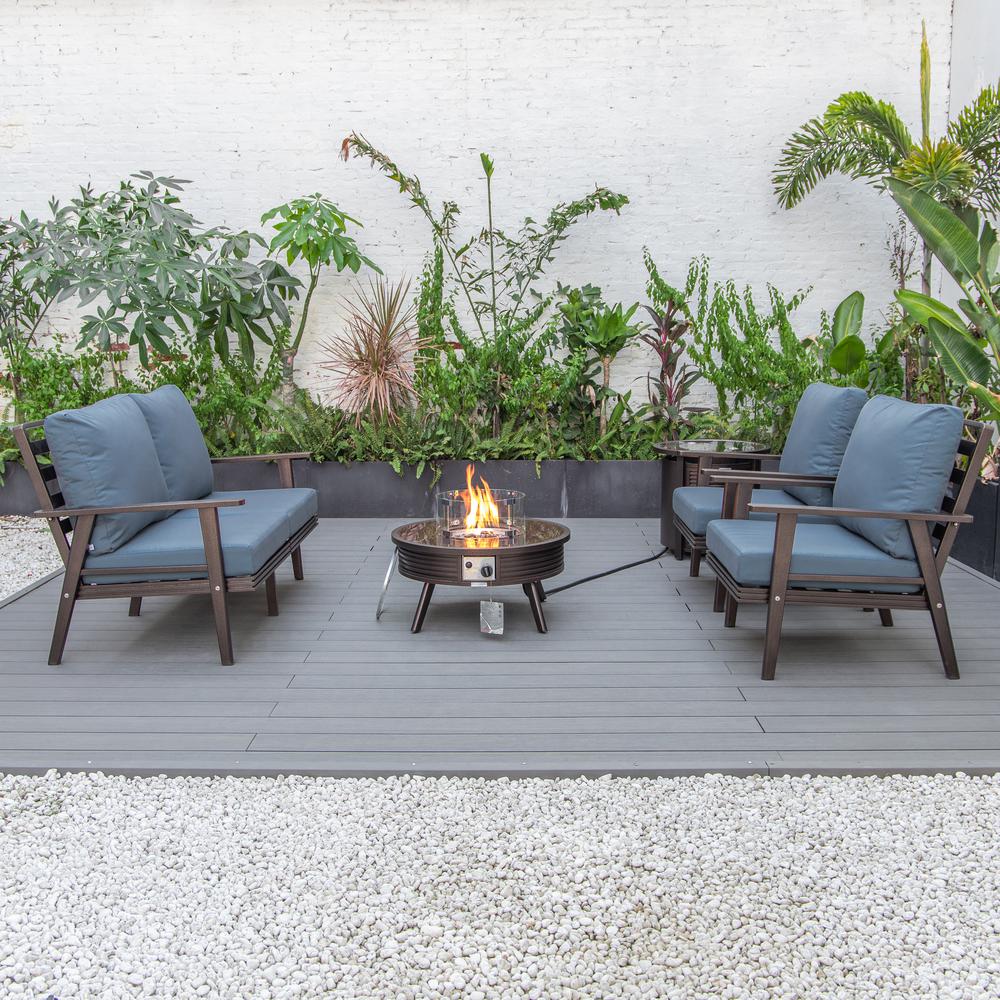 LeisureMod Walbrooke Modern Brown Patio Conversation With Round Fire Pit With Slats Design & Tank Holder, Navy Blue. Picture 7