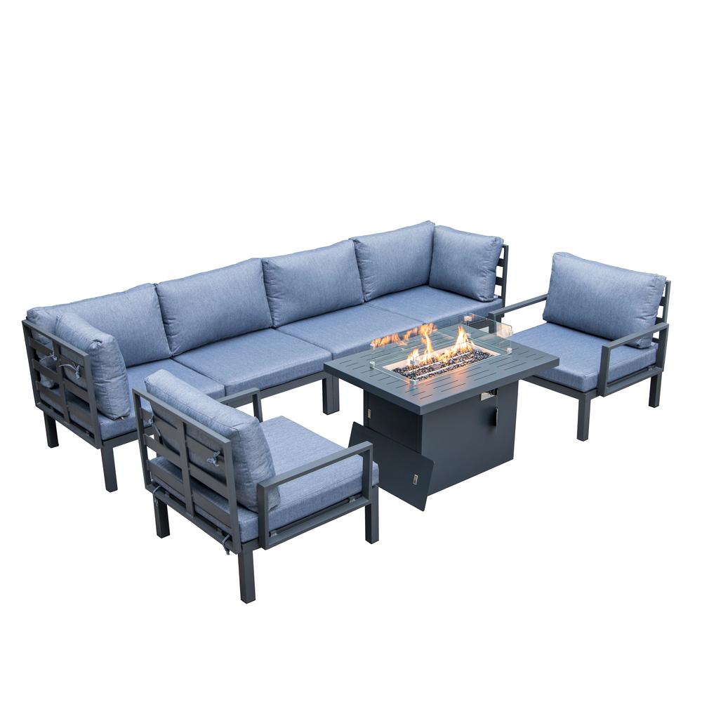LeisureMod Hamilton 7-Piece Aluminum Patio Conversation Set With Fire Pit Table And Cushions Charcoal Blue. Picture 1