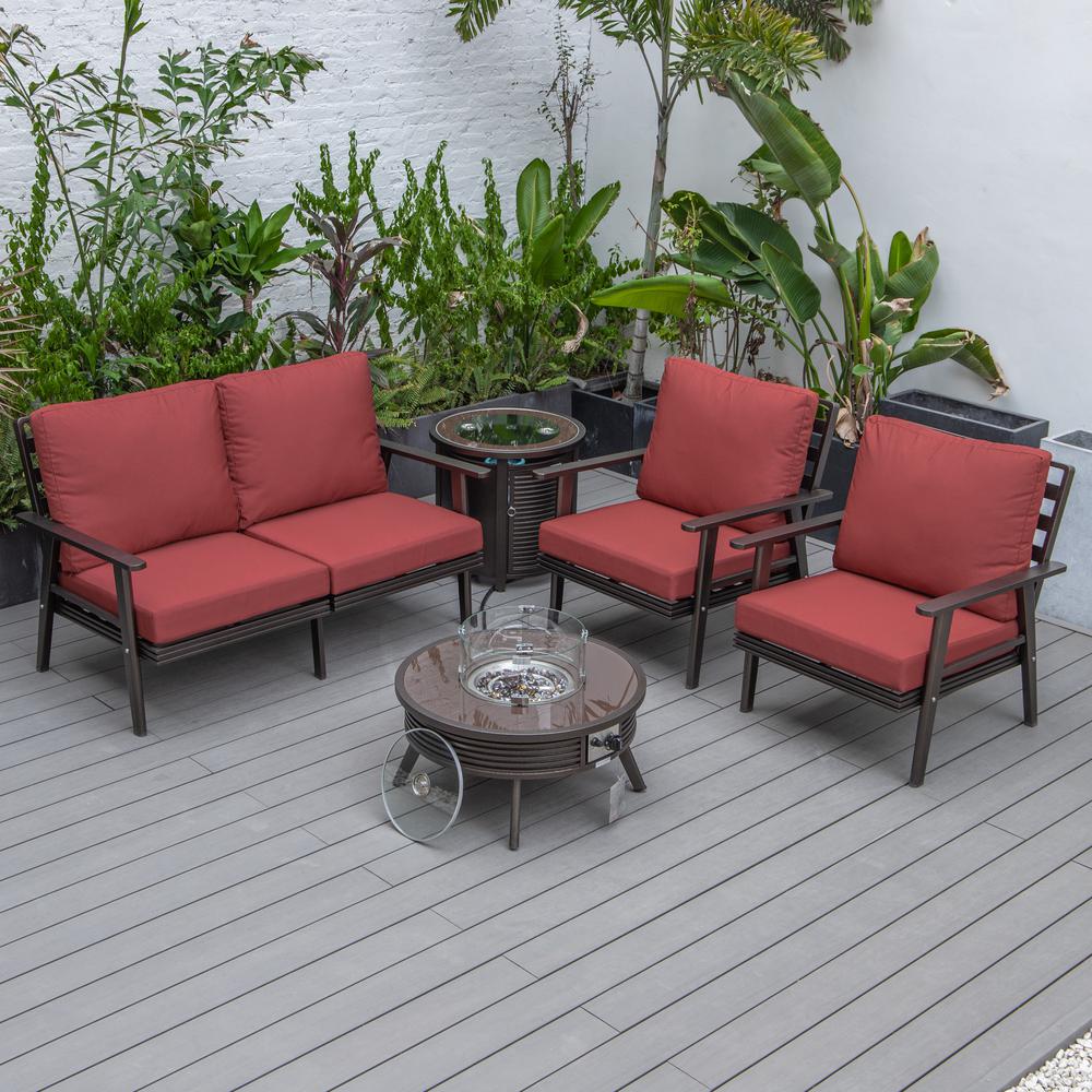 LeisureMod Walbrooke Modern Brown Patio Conversation With Round Fire Pit With Slats Design & Tank Holder, Red. Picture 5