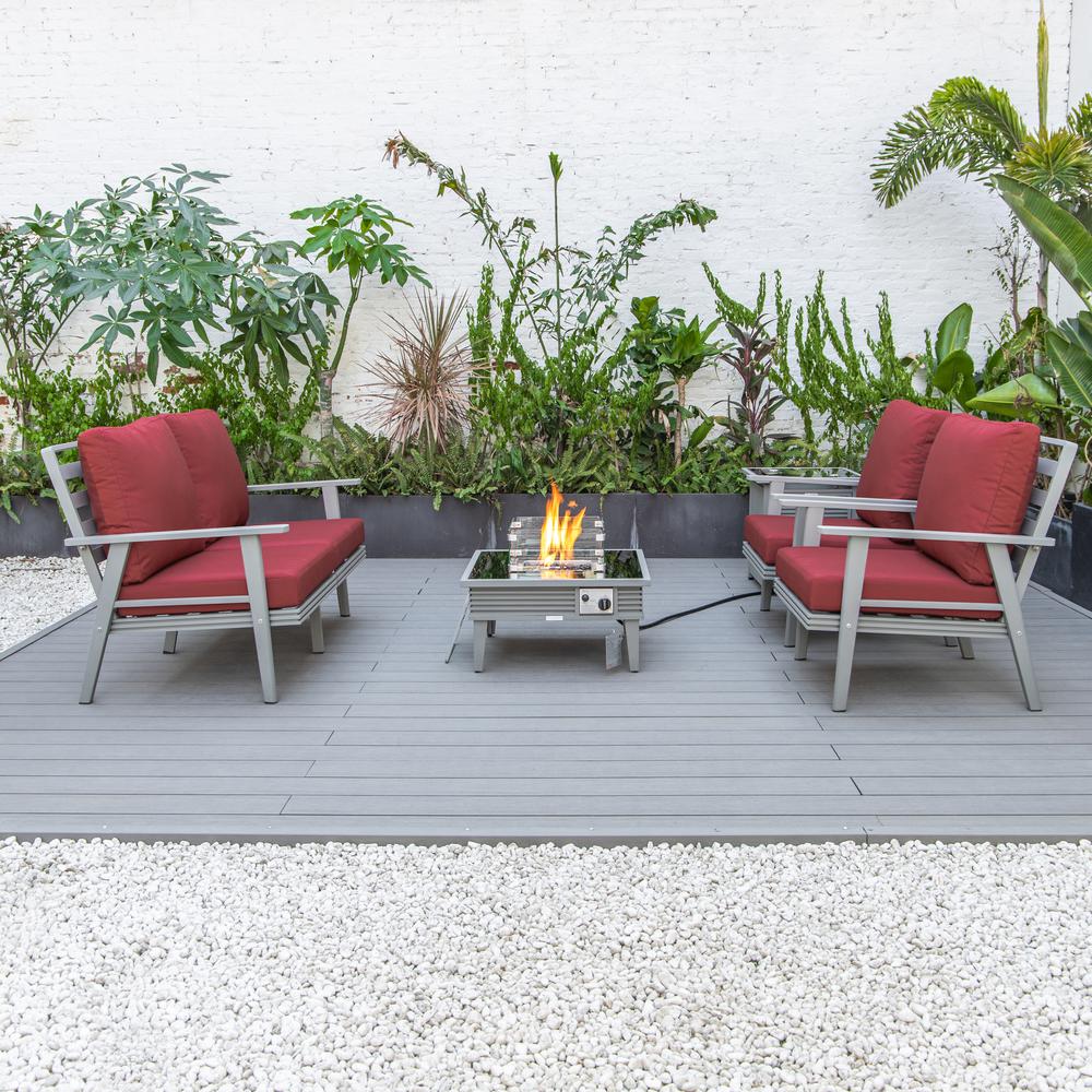 LeisureMod Walbrooke Modern Grey Patio Conversation With Square Fire Pit With Slats Design & Tank Holder, Red. Picture 7