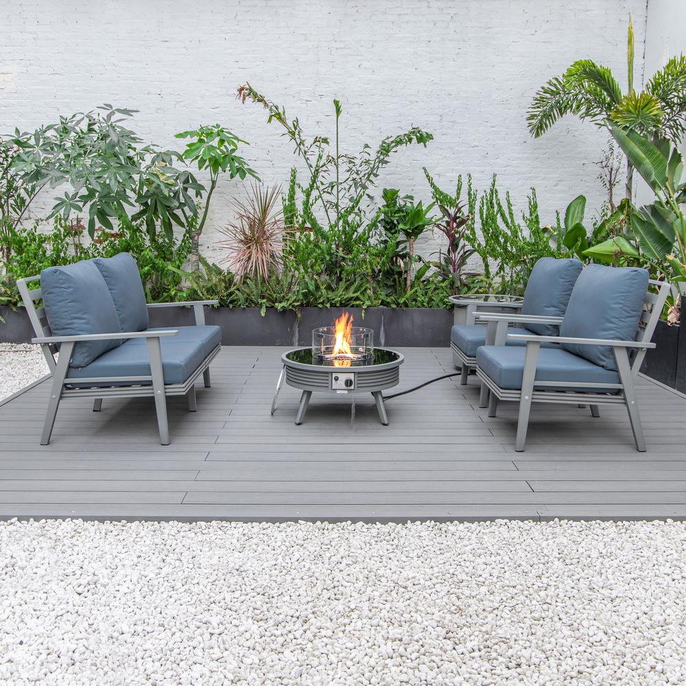 LeisureMod Walbrooke Modern Grey Patio Conversation With Round Fire Pit With Slats Design & Tank Holder, Navy Blue. Picture 9