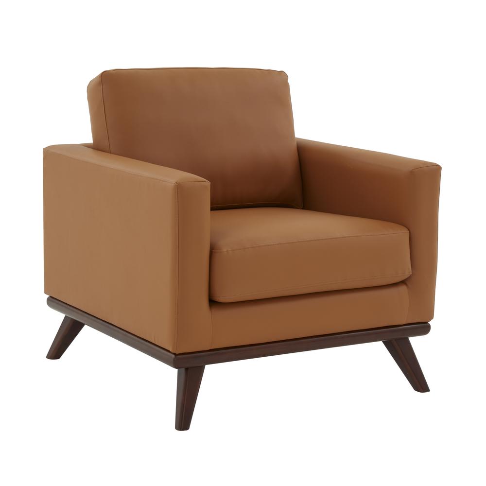 LeisureMod Chester Modern Leather Accent Arm Chair With Birch Wood Base, Cognac Tan. Picture 1