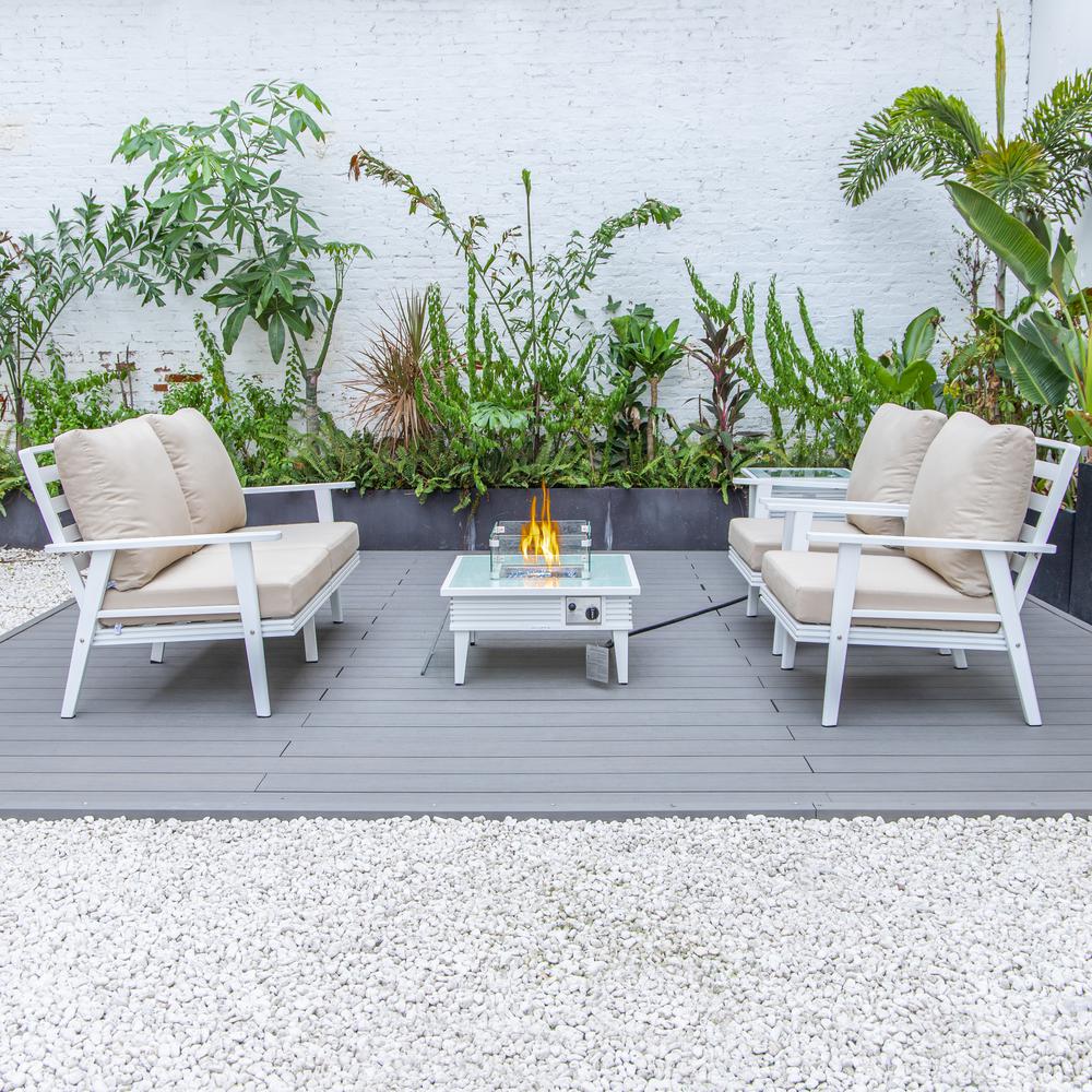 LeisureMod Walbrooke Modern White Patio Conversation With Square Fire Pit With Slats Design & Tank Holder, Beige. Picture 8