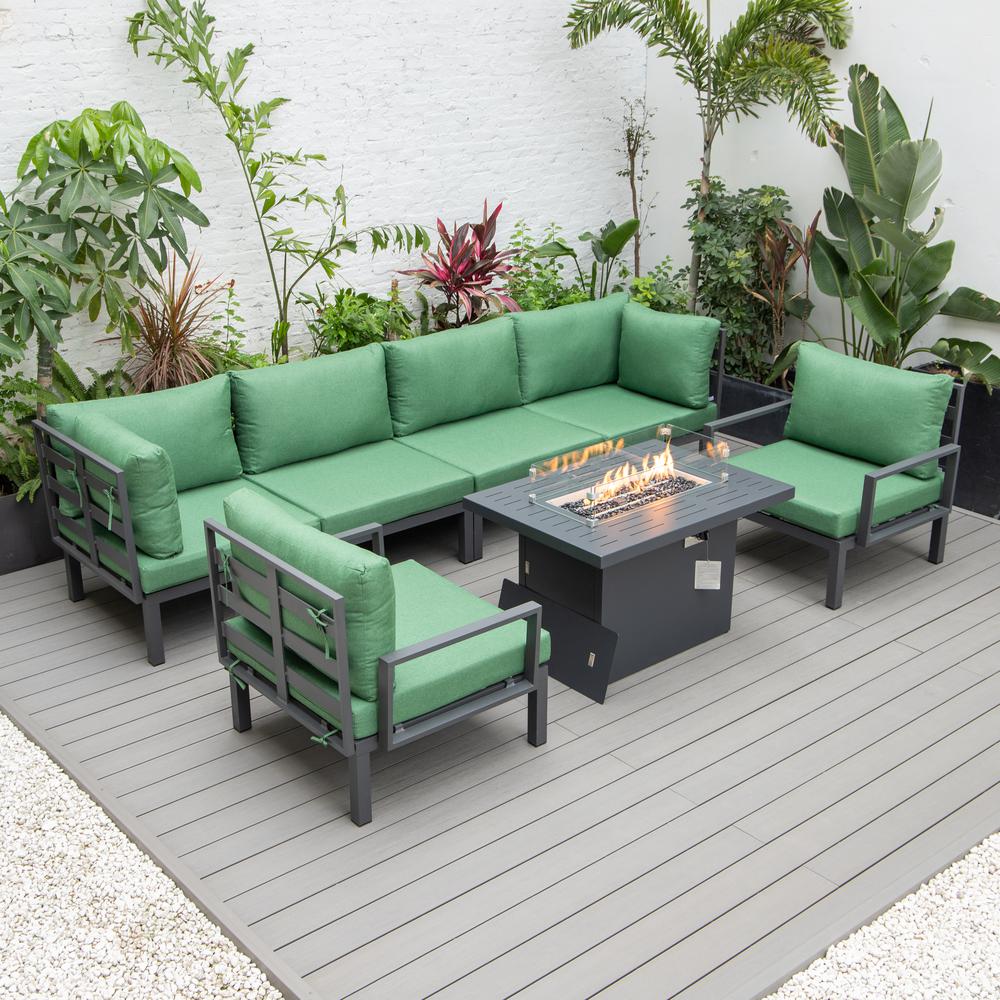 LeisureMod Hamilton 7-Piece Aluminum Patio Conversation Set With Fire Pit Table And Cushions Green. Picture 2