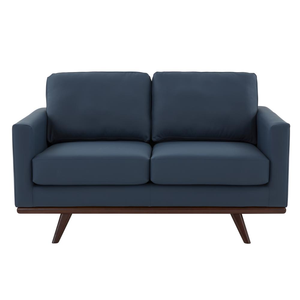 LeisureMod Chester Modern Leather Loveseat With Birch Wood Base, Navy Blue. Picture 5