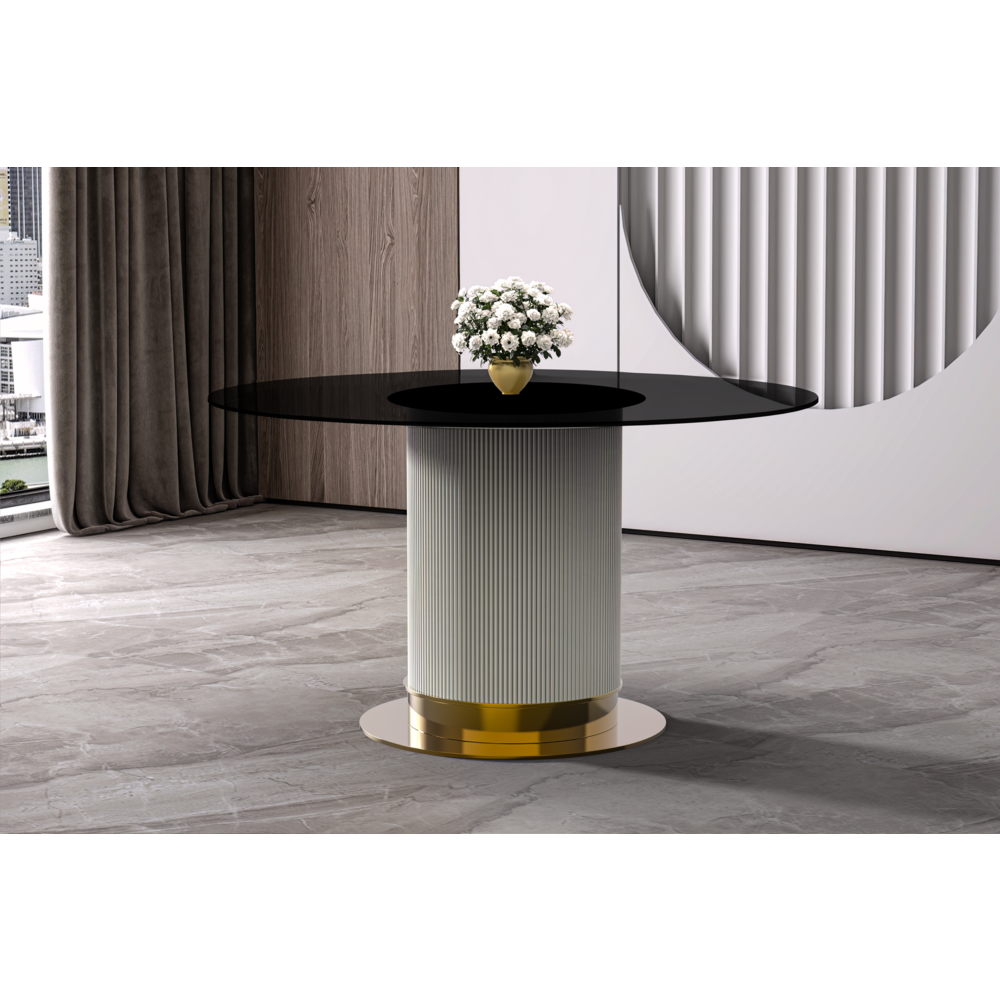 Jexis Series Round Dining Table White\Gold Base with 60 Round BLack Glass Top. Picture 5