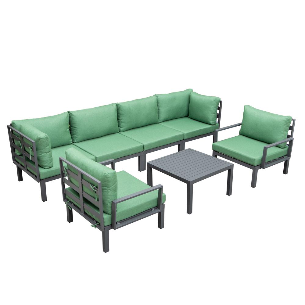 LeisureMod Hamilton 7-Piece Aluminum Patio Conversation Set With Coffee Table And Cushions Green. Picture 1