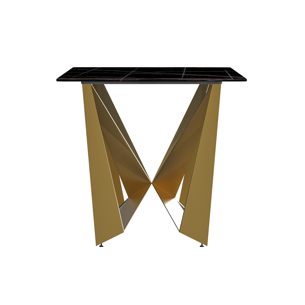 Modern Dining Table with a 55" Rectangular Top and Gold Steel Base. Picture 3