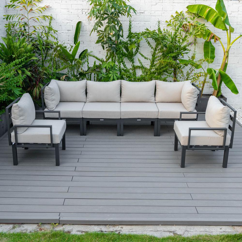 LeisureMod Chelsea 6-Piece Patio Sectional Black Aluminum With Cushions in Beige. Picture 6