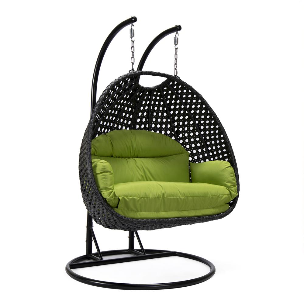 LeisureMod MendozaWicker Hanging 2 person Egg Swing Chair in Light Green. Picture 2