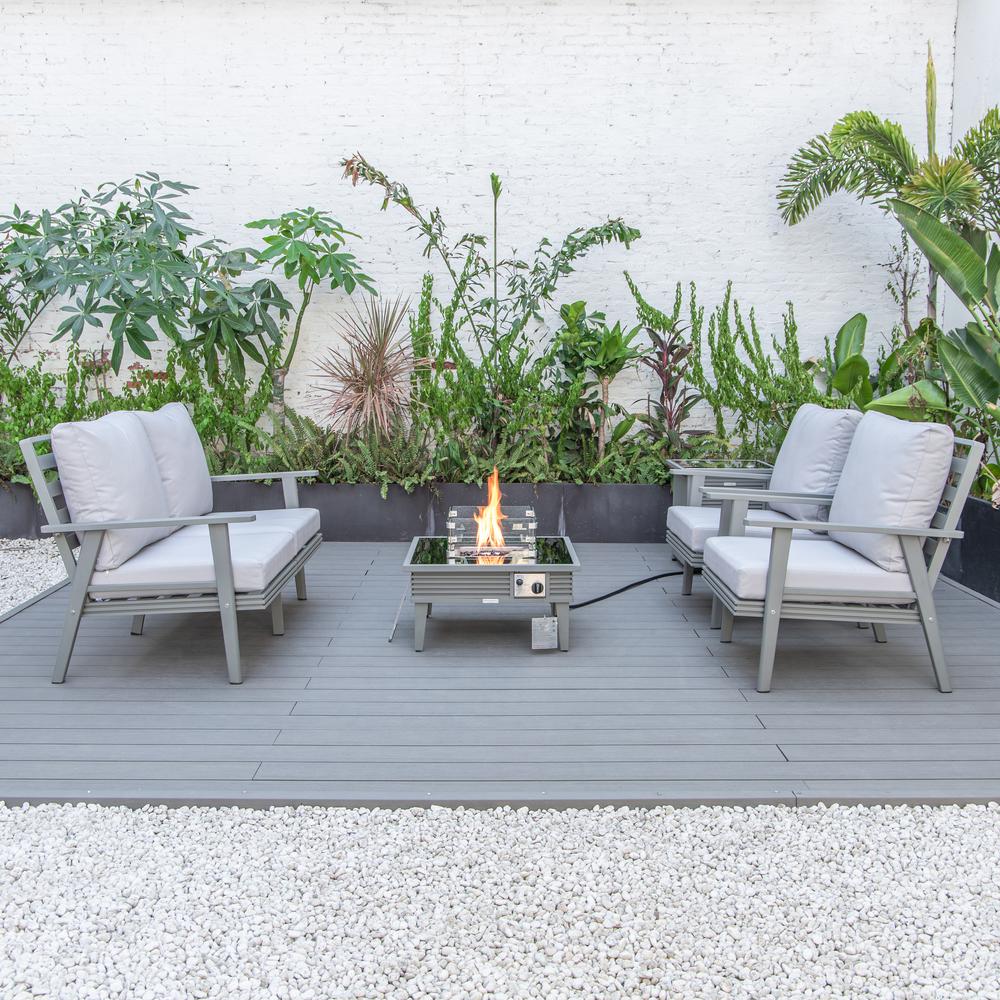 LeisureMod Walbrooke Modern Grey Patio Conversation With Square Fire Pit With Slats Design & Tank Holder, Light Grey. Picture 6
