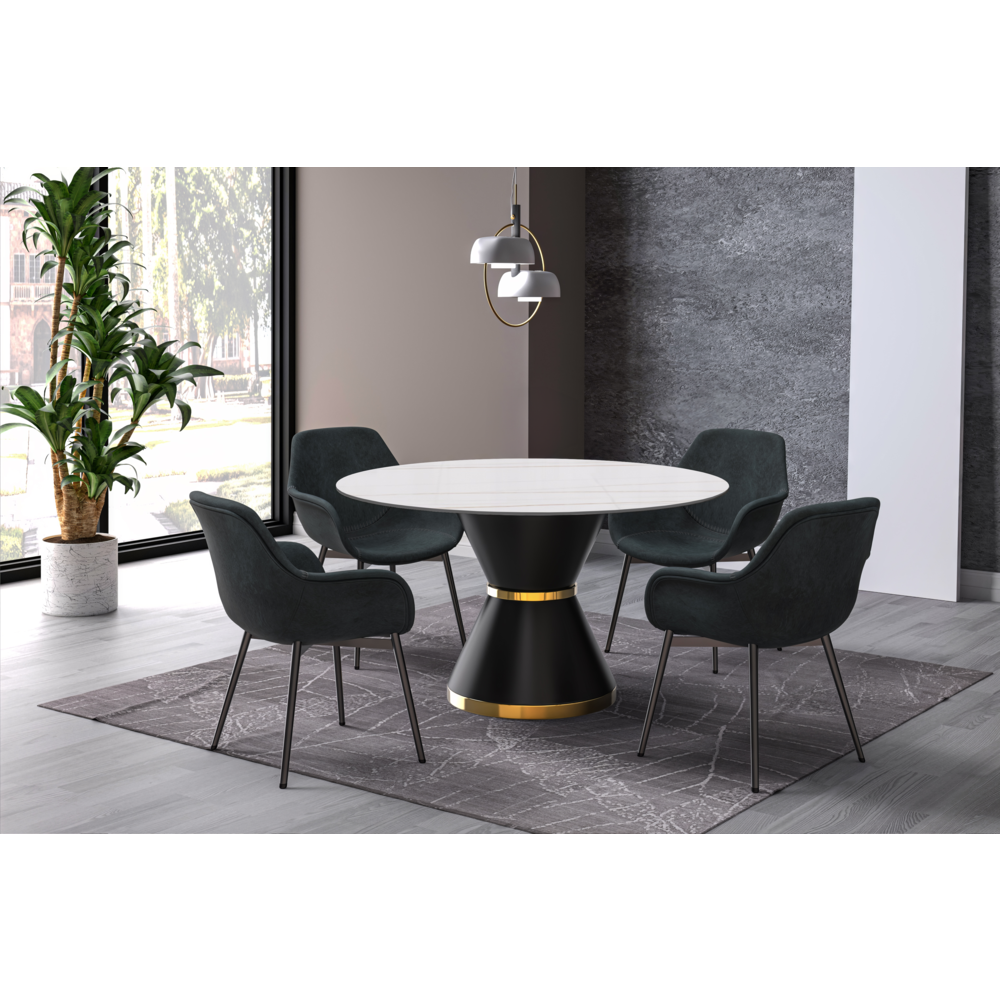 Round Dining Table Black\Gold Base with 60 Round White/Gold Sintered Stone Top. Picture 9