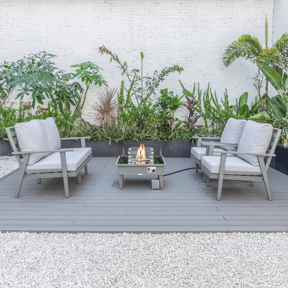 LeisureMod Walbrooke Modern Grey Patio Conversation With Square Fire Pit & Tank Holder, Light Grey. Picture 7