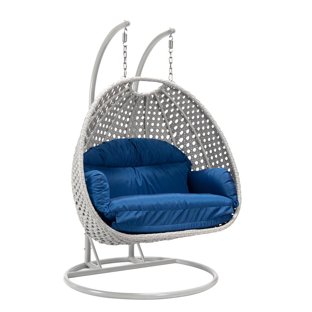 LeisureMod Wicker Hanging 2 person Egg Swing Chair in Blue. Picture 1