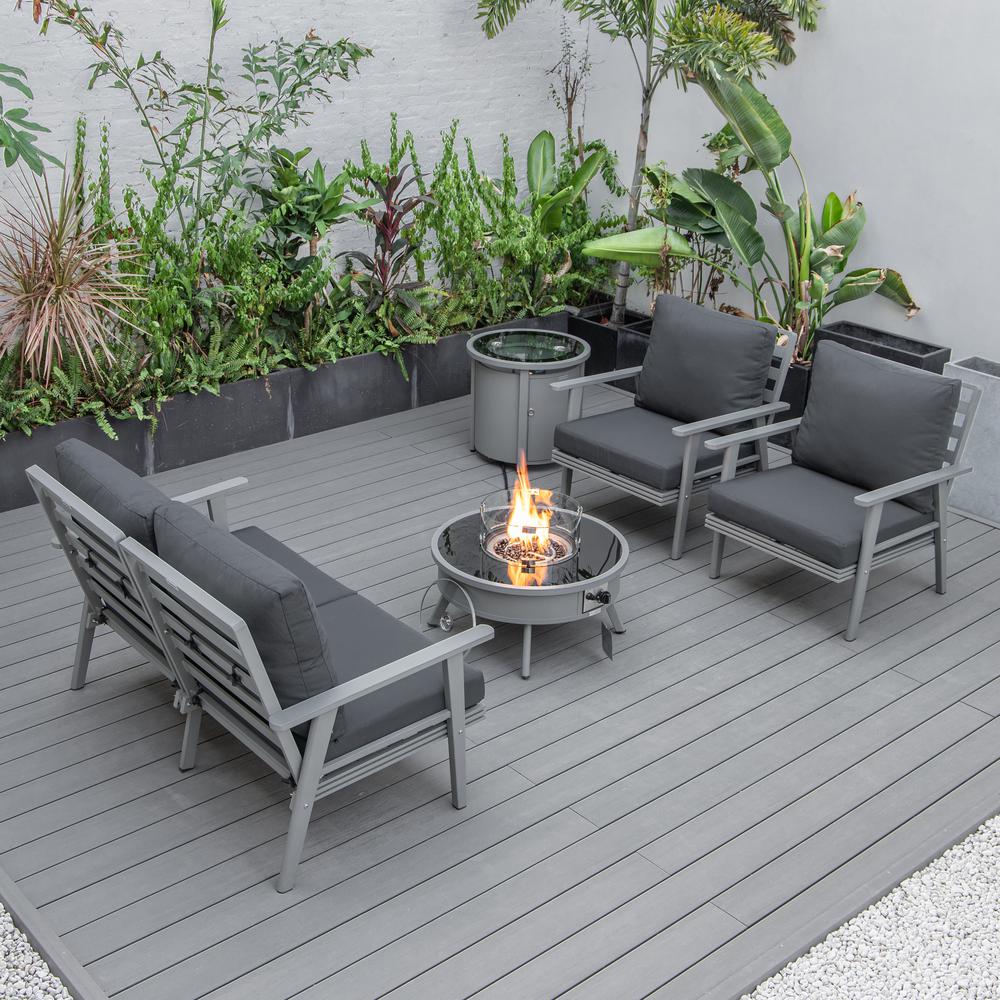LeisureMod Walbrooke Modern Grey Patio Conversation With Round Fire Pit & Tank Holder, Charcoal. Picture 7