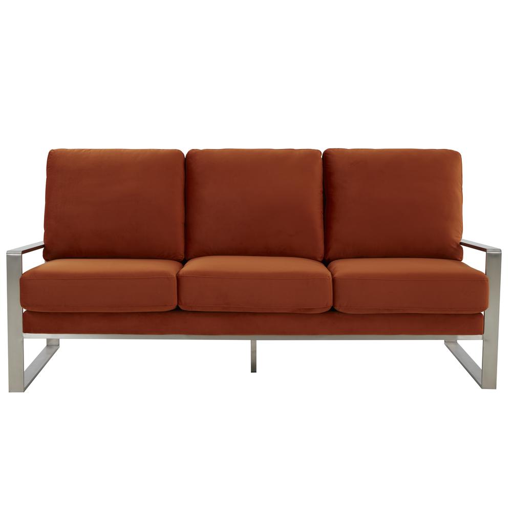 LeisureMod Jefferson Contemporary Modern Design Velvet Sofa With Silver Frame, Orange. Picture 6