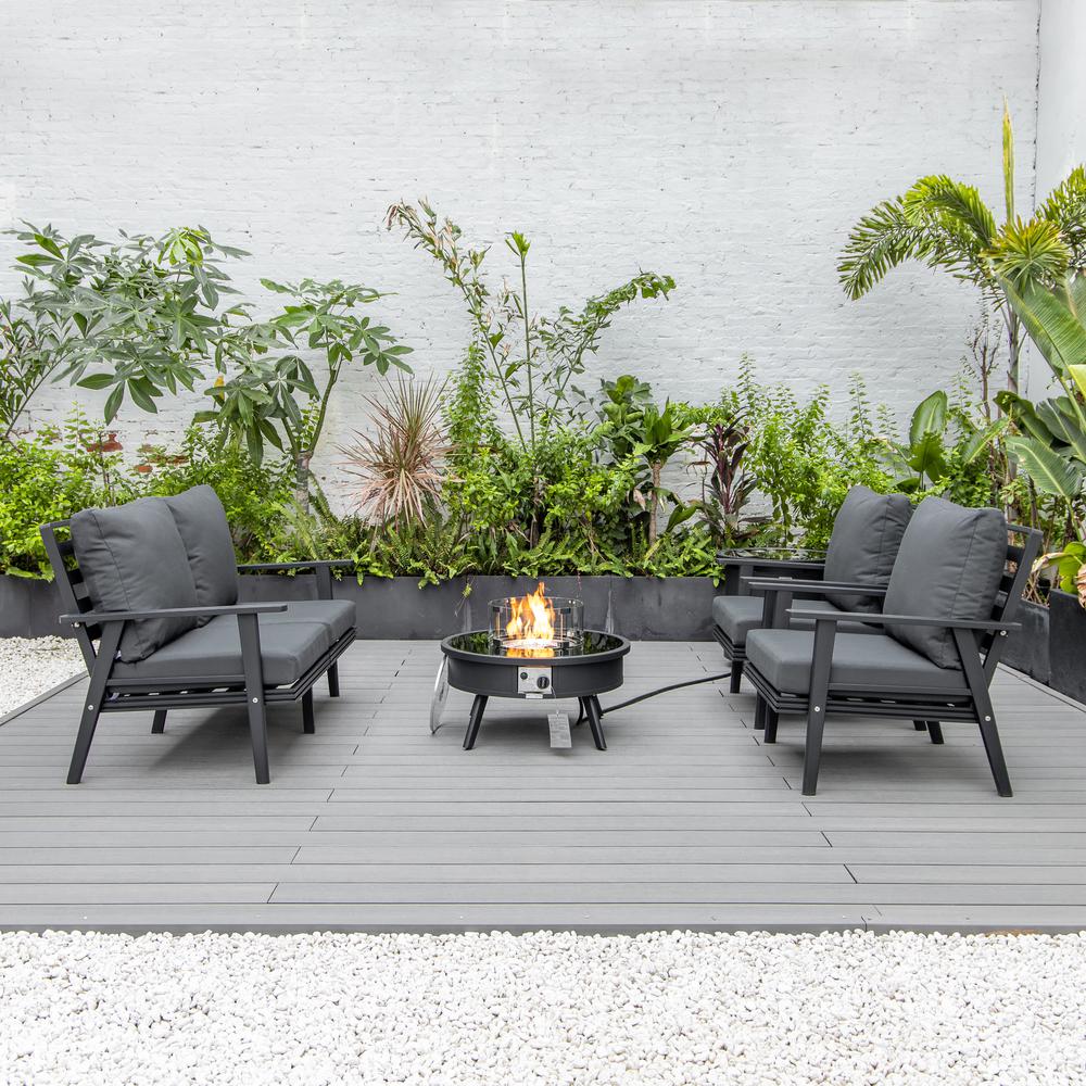 LeisureMod Walbrooke Modern Black Patio Conversation With Round Fire Pit & Tank Holder, Charcoal. Picture 5