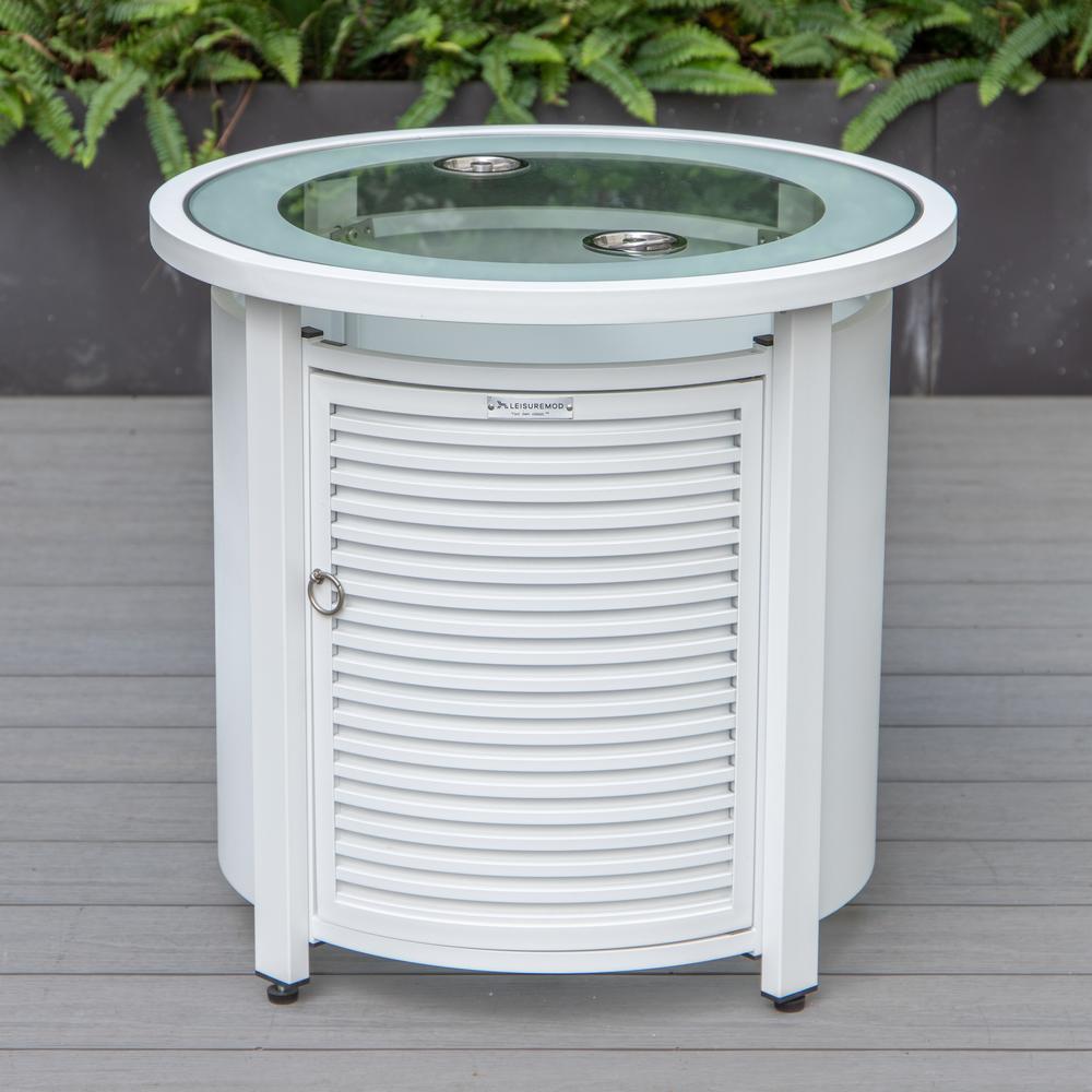 LeisureMod Walbrooke Modern White Patio Conversation With Round Fire Pit With Slats Design & Tank Holder, Navy Blue. Picture 2