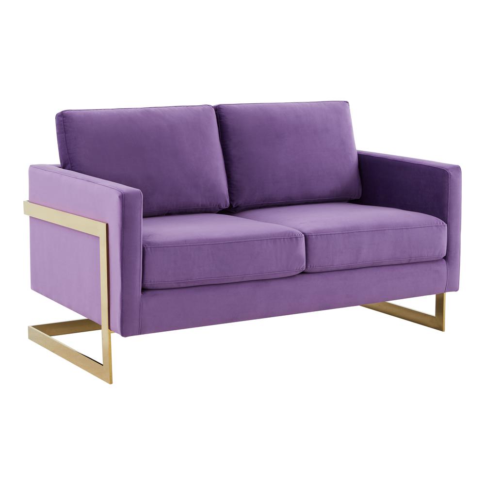 LeisureMod Lincoln Modern Mid-Century Upholstered Velvet Loveseat with Gold Frame, Purple. The main picture.