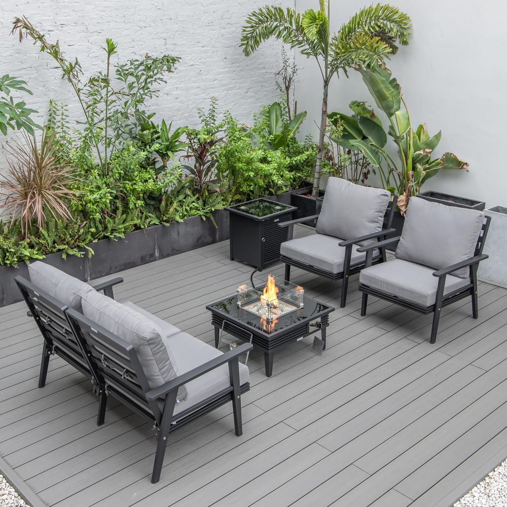 LeisureMod Walbrooke Modern Black Patio Conversation With Square Fire Pit With Slats Design & Tank Holder, Grey. Picture 3