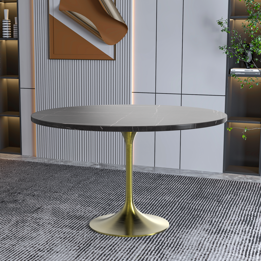 48 Round Dining Table, Brushed Gold Base with Sintered Stone Black Top. Picture 7