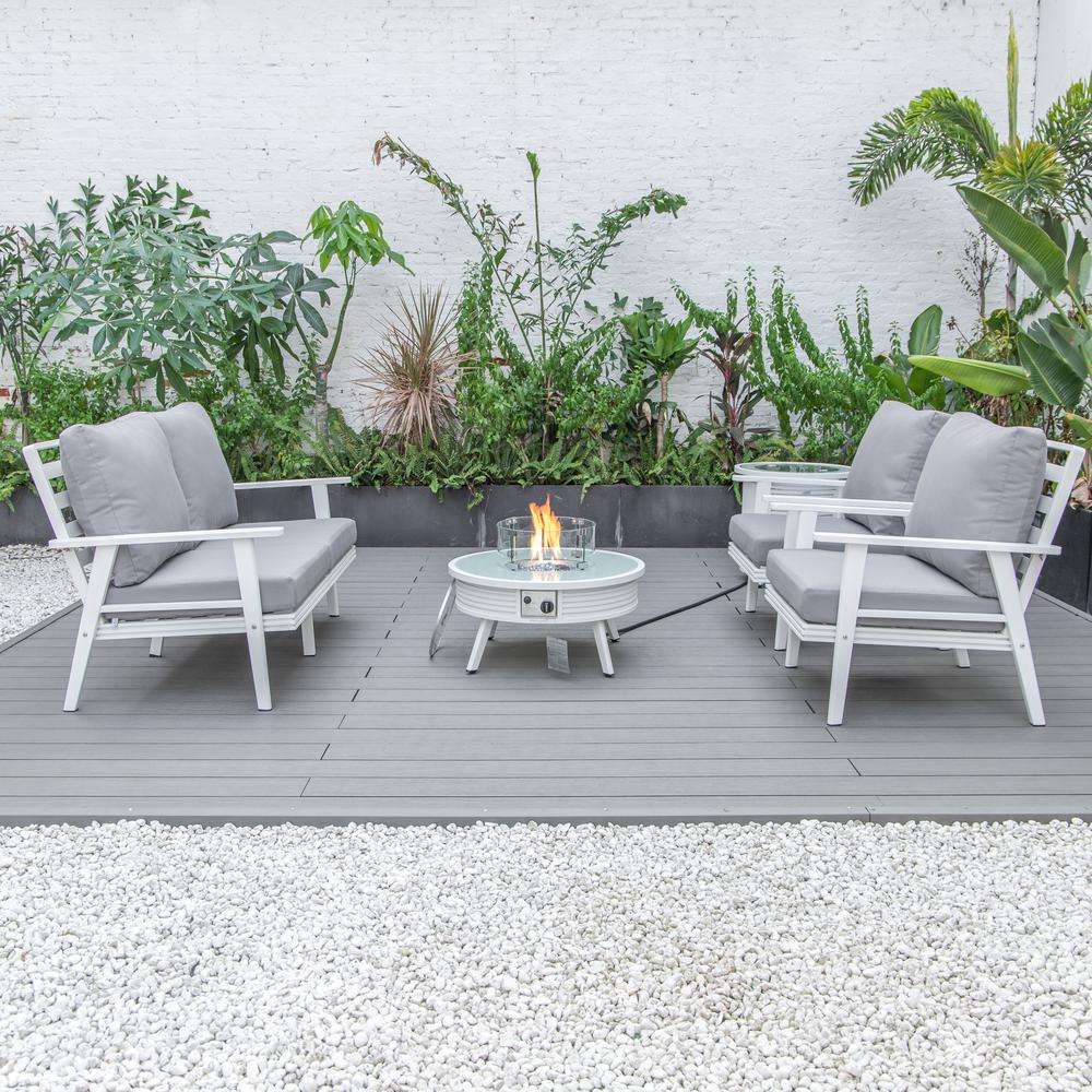 LeisureMod Walbrooke Modern White Patio Conversation With Round Fire Pit With Slats Design & Tank Holder, Grey. Picture 6