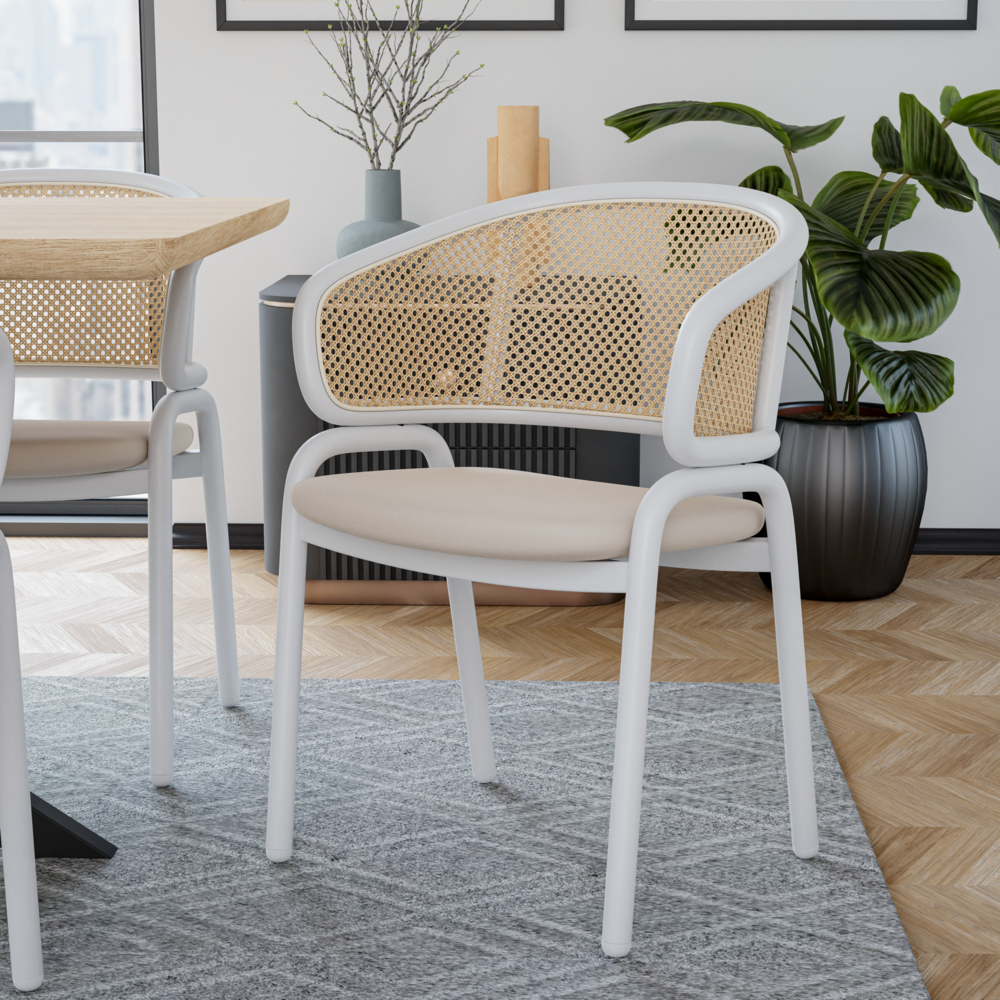 Ervilla Modern Dining Chair with White Powder Coated Steel Legs and Wicker Back. Picture 17