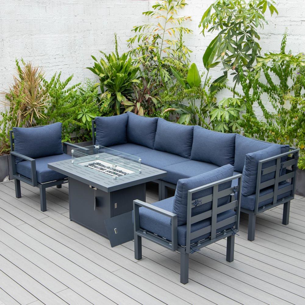 Chelsea 7-Piece Patio Sectional And Fire Pit Table Black Aluminum With Cushions. Picture 32