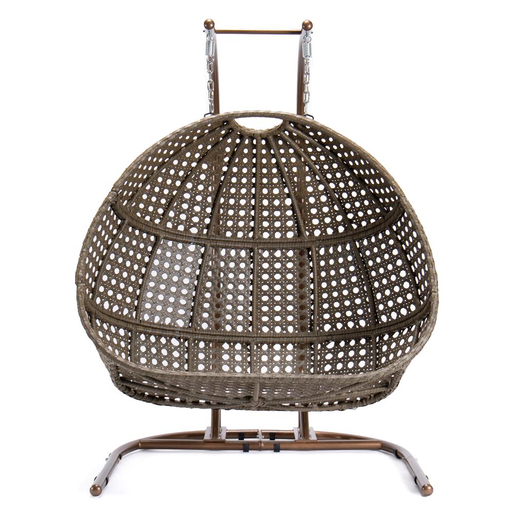 LeisureMod Wicker Hanging Double Egg Swing Chair, Dark Brown. Picture 3