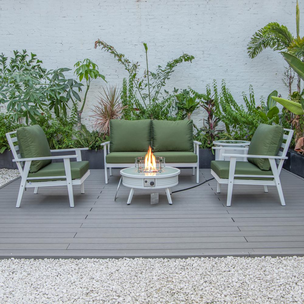 LeisureMod Walbrooke Modern White Patio Conversation With Round Fire Pit With Slats Design & Tank Holder, Green. Picture 9